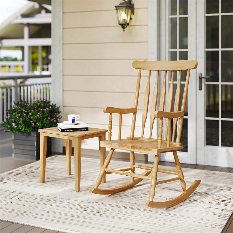 Outdoor Solid Wood Rocking Chair, High Back Porch Rocker Glossy Finish for Patio, Backyard, Balcony, Garden & Indoor Use