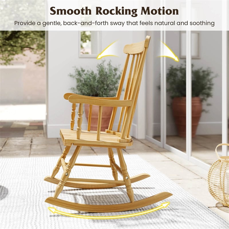 Outdoor Solid Wood Rocking Chair, High Back Porch Rocker Glossy Finish for Patio, Backyard, Balcony, Garden & Indoor Use