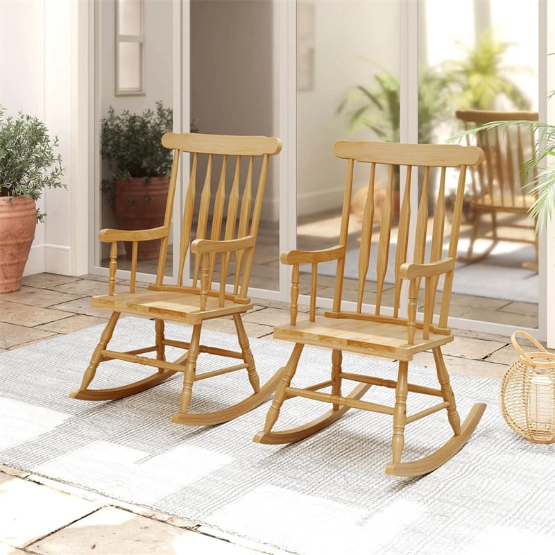 Outdoor Solid Wood Rocking Chair, High Back Porch Rocker Glossy Finish for Patio, Backyard, Balcony, Garden & Indoor Use