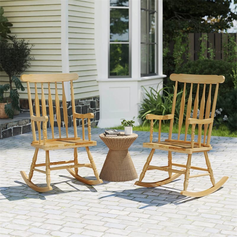 Outdoor Solid Wood Rocking Chair, High Back Porch Rocker Glossy Finish for Patio, Backyard, Balcony, Garden & Indoor Use