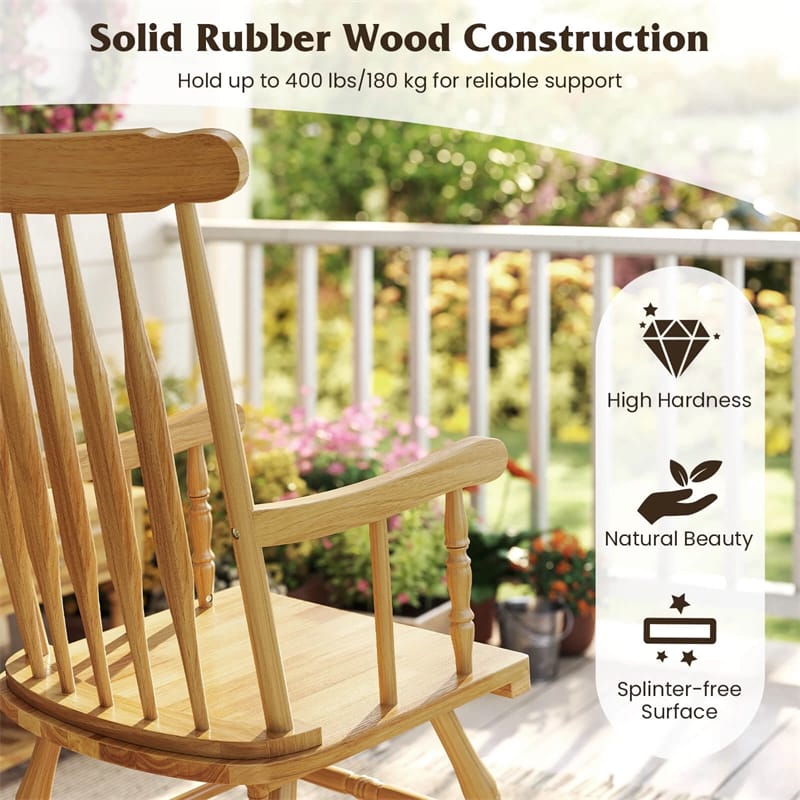 Outdoor Solid Wood Rocking Chair, High Back Porch Rocker Glossy Finish for Patio, Backyard, Balcony, Garden & Indoor Use