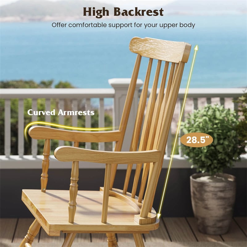 Outdoor Solid Wood Rocking Chair, High Back Porch Rocker Glossy Finish for Patio, Backyard, Balcony, Garden & Indoor Use