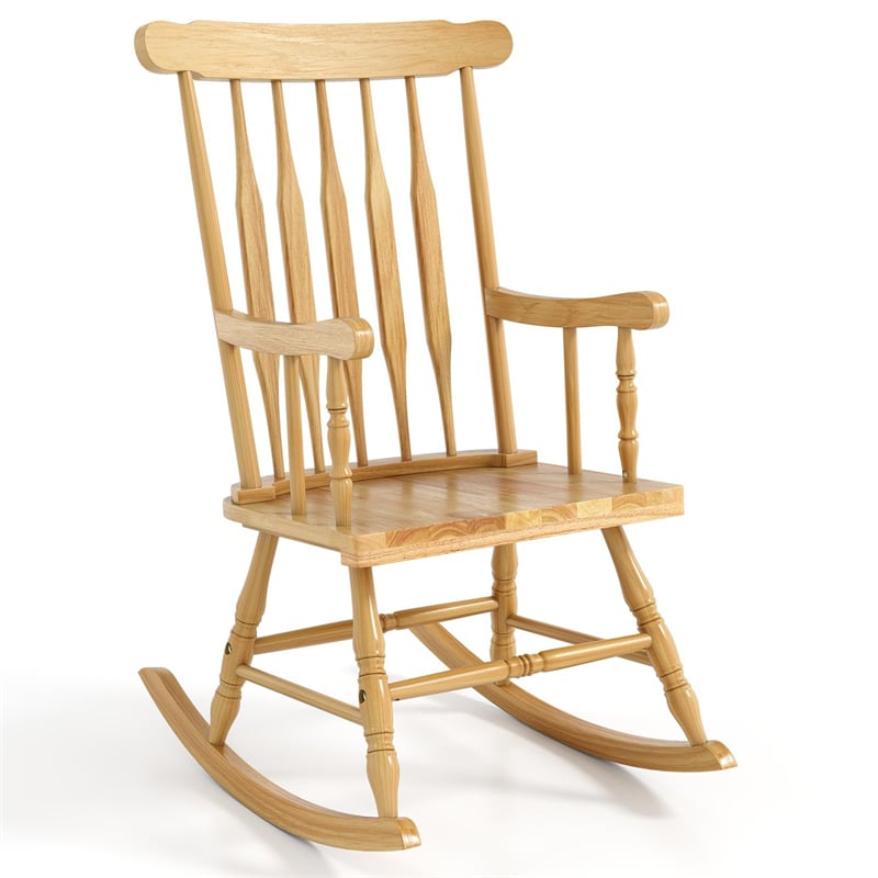 Outdoor Solid Wood Rocking Chair, High Back Porch Rocker Glossy Finish for Patio, Backyard, Balcony, Garden & Indoor Use