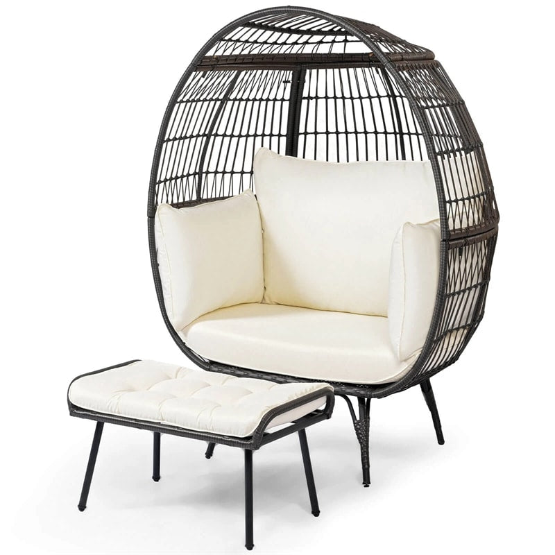 Oversized Wicker Egg Chair with 4 Cushions, Steel Frame Basket Chair Rattan Indoor Outdoor Lounger for Patio, Living Room