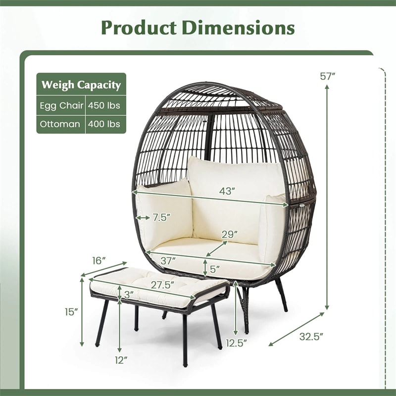 Oversized Wicker Egg Chair with 4 Cushions, Steel Frame Basket Chair Rattan Indoor Outdoor Lounger for Patio, Living Room