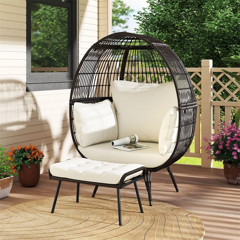 Oversized Wicker Egg Chair with 4 Cushions, Steel Frame Basket Chair Rattan Indoor Outdoor Lounger for Patio, Living Room
