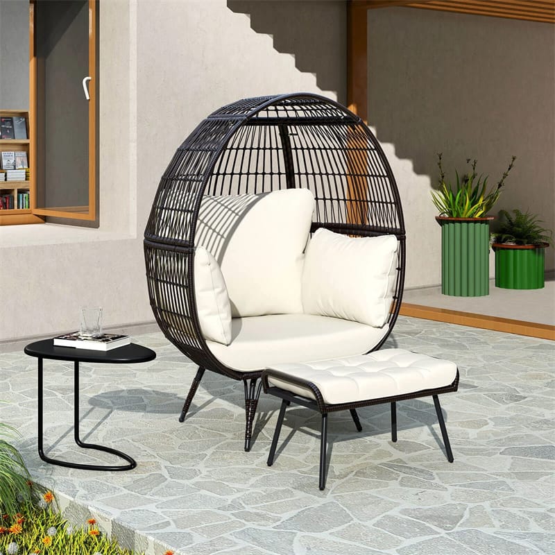 Oversized Wicker Egg Chair with 4 Cushions, Steel Frame Basket Chair Rattan Indoor Outdoor Lounger for Patio, Living Room