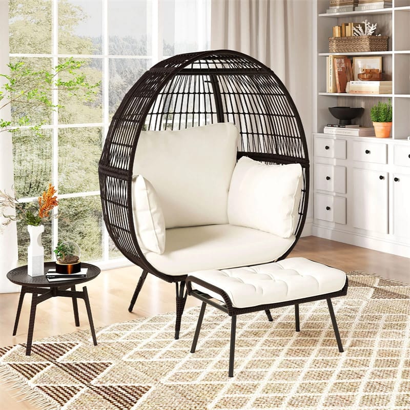 Oversized Wicker Egg Chair with 4 Cushions, Steel Frame Basket Chair Rattan Indoor Outdoor Lounger for Patio, Living Room