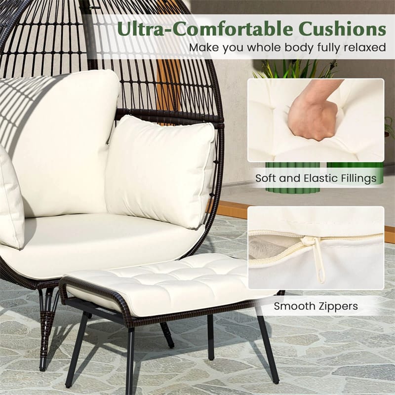 Oversized Wicker Egg Chair with 4 Cushions, Steel Frame Basket Chair Rattan Indoor Outdoor Lounger for Patio, Living Room