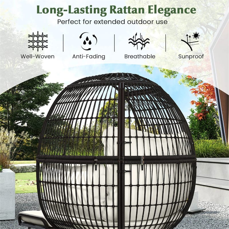 Oversized Wicker Egg Chair with 4 Cushions, Steel Frame Basket Chair Rattan Indoor Outdoor Lounger for Patio, Living Room
