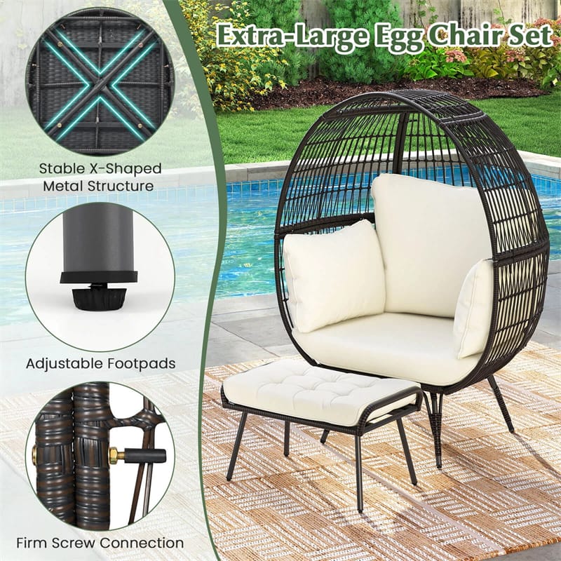 Oversized Wicker Egg Chair with 4 Cushions, Steel Frame Basket Chair Rattan Indoor Outdoor Lounger for Patio, Living Room