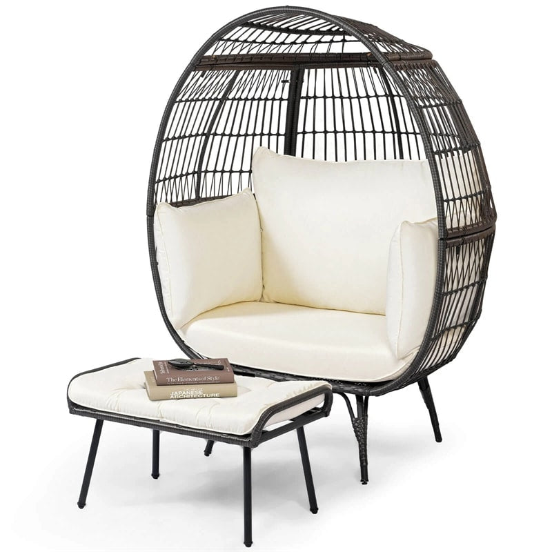 Oversized Wicker Egg Chair with 4 Cushions, Steel Frame Basket Chair Rattan Indoor Outdoor Lounger for Patio, Living Room