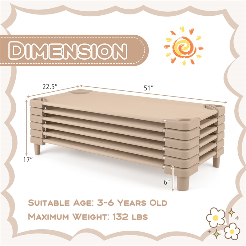 Pack of 6 Stackable Daycare Cots for Kids, 51" x 23" Preschool Nap Mat Toddler Sleeping Cot with Easy Lift Corner, Space-Saving for Classroom