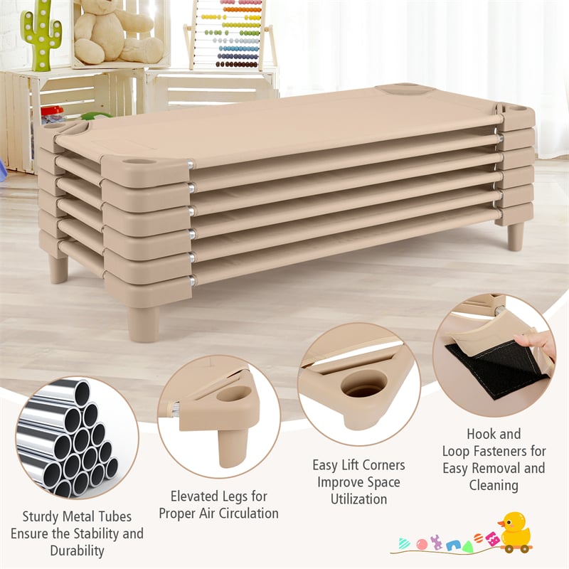 Pack of 6 Stackable Daycare Cots for Kids, 51" x 23" Preschool Nap Mat Toddler Sleeping Cot with Easy Lift Corner, Space-Saving for Classroom