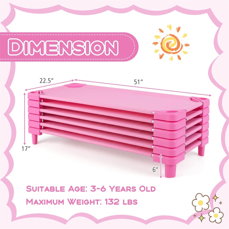 Pack of 6 Stackable Daycare Cots for Kids, 51" x 23" Preschool Nap Mat Toddler Sleeping Cot with Easy Lift Corner, Space-Saving for Classroom