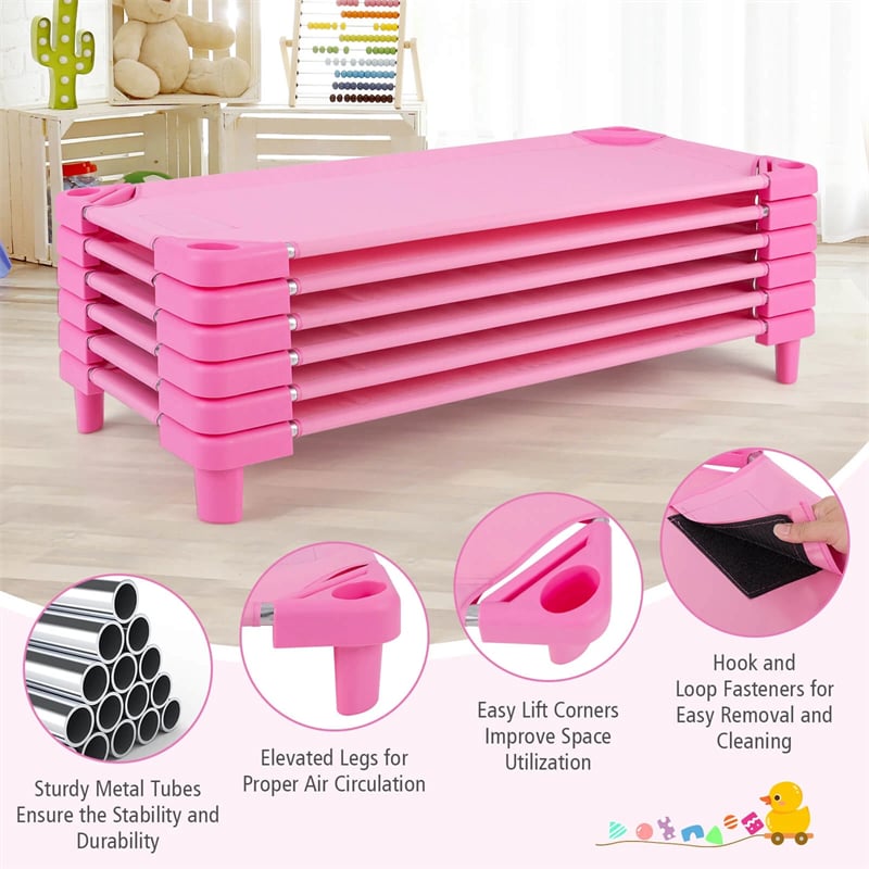 Pack of 6 Stackable Daycare Cots for Kids, 51" x 23" Preschool Nap Mat Toddler Sleeping Cot with Easy Lift Corner, Space-Saving for Classroom