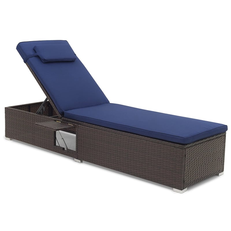 Outdoor Rattan Chaise Lounge with 6-Level Adjustable Backrest, Cushions & Headrest, Patio Reclining Lounge Chair for Poolside Backyard