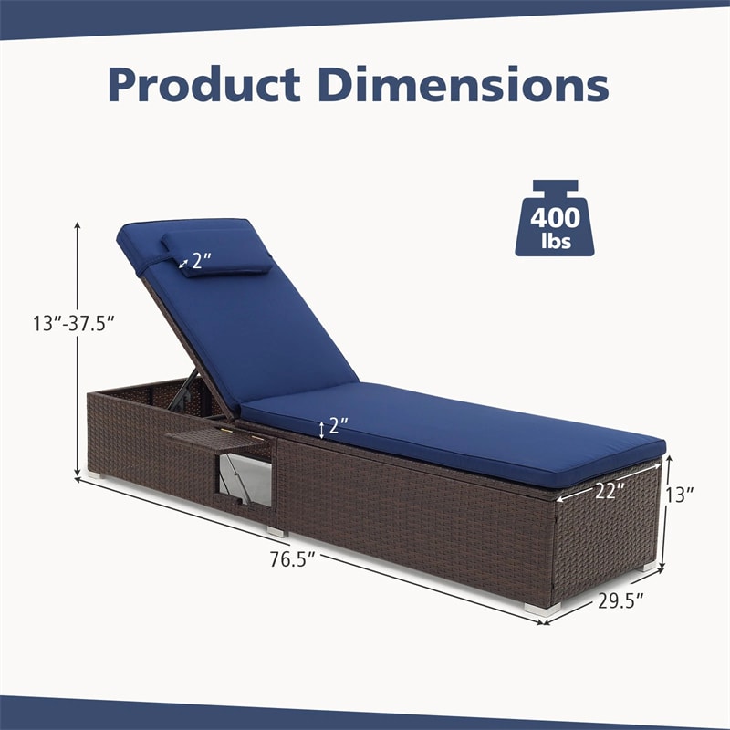 Outdoor Rattan Chaise Lounge with 6-Level Adjustable Backrest, Cushions & Headrest, Patio Reclining Lounge Chair for Poolside Backyard