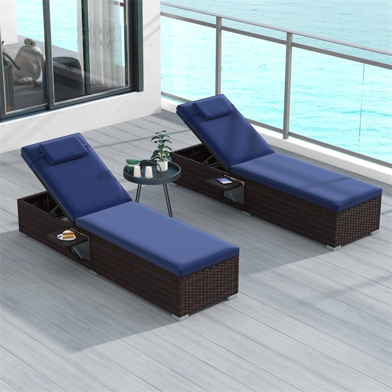 Outdoor Rattan Chaise Lounge with 6-Level Adjustable Backrest, Cushions & Headrest, Patio Reclining Lounge Chair for Poolside Backyard