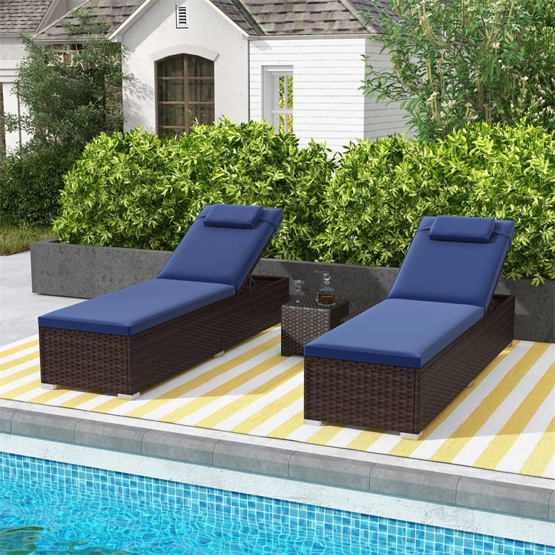 Outdoor Rattan Chaise Lounge with 6-Level Adjustable Backrest, Cushions & Headrest, Patio Reclining Lounge Chair for Poolside Backyard