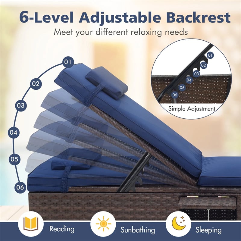 Outdoor Rattan Chaise Lounge with 6-Level Adjustable Backrest, Cushions & Headrest, Patio Reclining Lounge Chair for Poolside Backyard