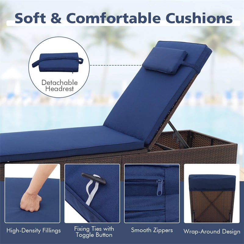 Outdoor Rattan Chaise Lounge with 6-Level Adjustable Backrest, Cushions & Headrest, Patio Reclining Lounge Chair for Poolside Backyard