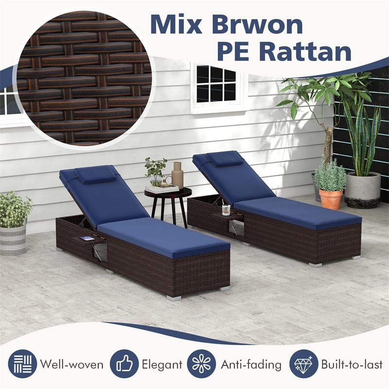 Outdoor Rattan Chaise Lounge with 6-Level Adjustable Backrest, Cushions & Headrest, Patio Reclining Lounge Chair for Poolside Backyard