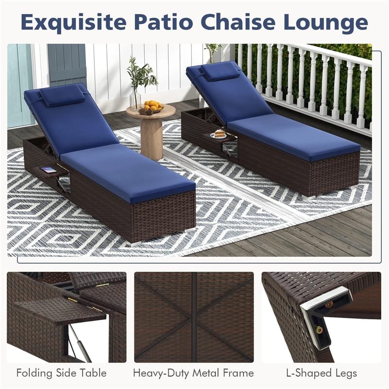 Outdoor Rattan Chaise Lounge with 6-Level Adjustable Backrest, Cushions & Headrest, Patio Reclining Lounge Chair for Poolside Backyard