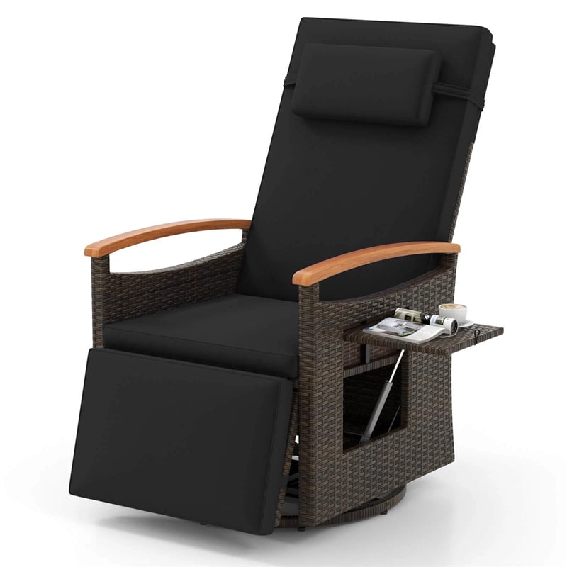 Outdoor 360° Swivel Rattan Recliner Chair, Patio Wicker Chaise Lounge Chair with Adjustable Backrest & Footrest, Flip Side Table & Cushions