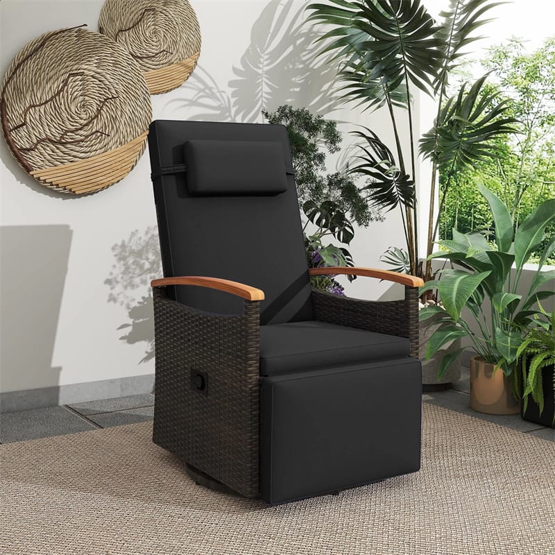 Outdoor 360° Swivel Rattan Recliner Chair, Patio Wicker Chaise Lounge Chair with Adjustable Backrest & Footrest, Flip Side Table & Cushions