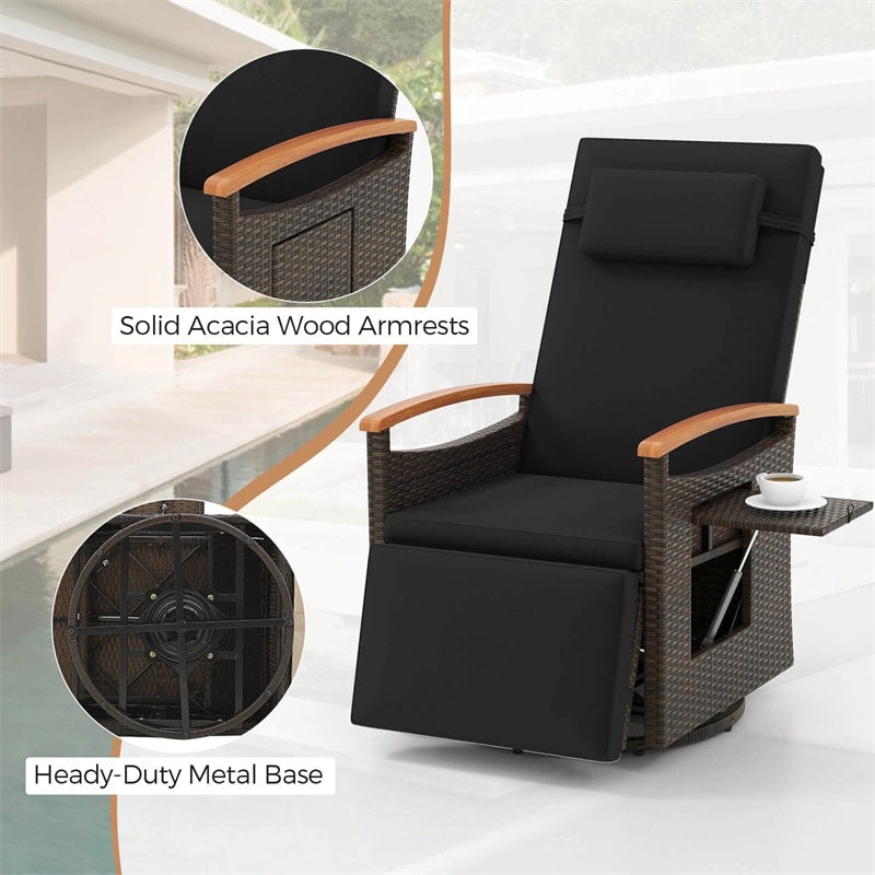 Outdoor 360° Swivel Rattan Recliner Chair, Patio Wicker Chaise Lounge Chair with Adjustable Backrest & Footrest, Flip Side Table & Cushions