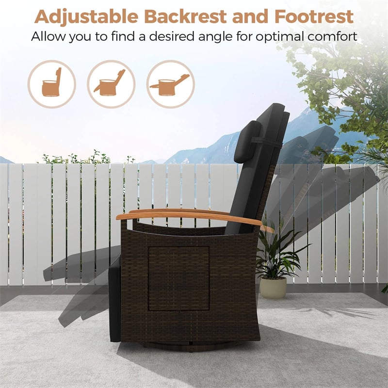 Outdoor 360° Swivel Rattan Recliner Chair, Patio Wicker Chaise Lounge Chair with Adjustable Backrest & Footrest, Flip Side Table & Cushions