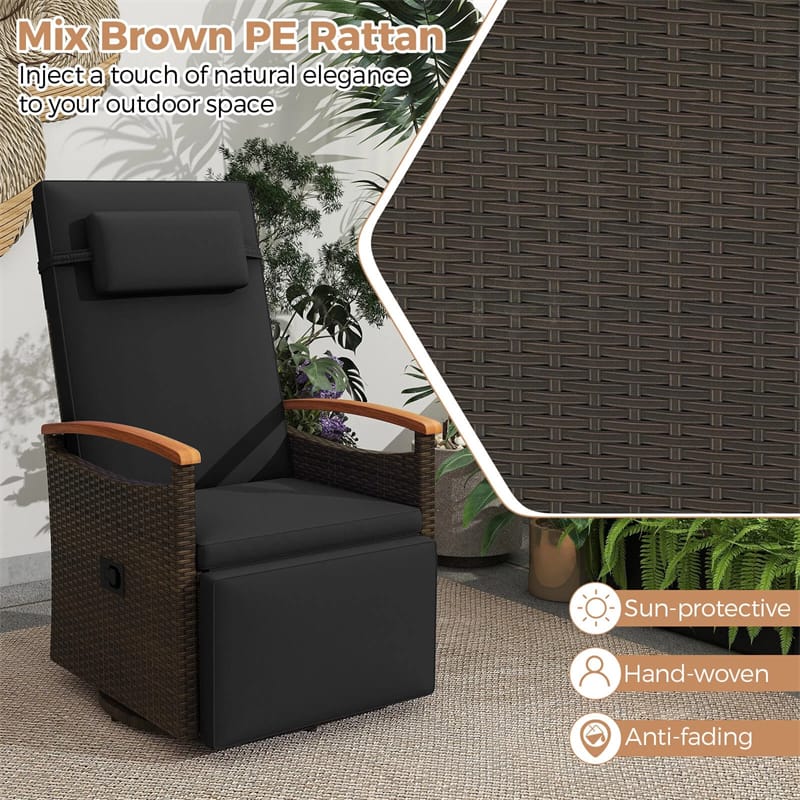 Outdoor 360° Swivel Rattan Recliner Chair, Patio Wicker Chaise Lounge Chair with Adjustable Backrest & Footrest, Flip Side Table & Cushions