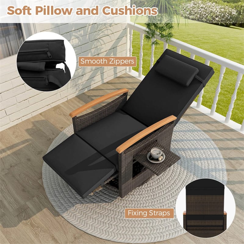 Outdoor 360° Swivel Rattan Recliner Chair, Patio Wicker Chaise Lounge Chair with Adjustable Backrest & Footrest, Flip Side Table & Cushions