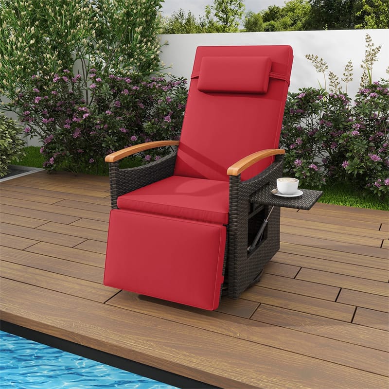 Outdoor 360° Swivel Rattan Recliner Chair, Patio Wicker Chaise Lounge Chair with Adjustable Backrest & Footrest, Flip Side Table & Cushions