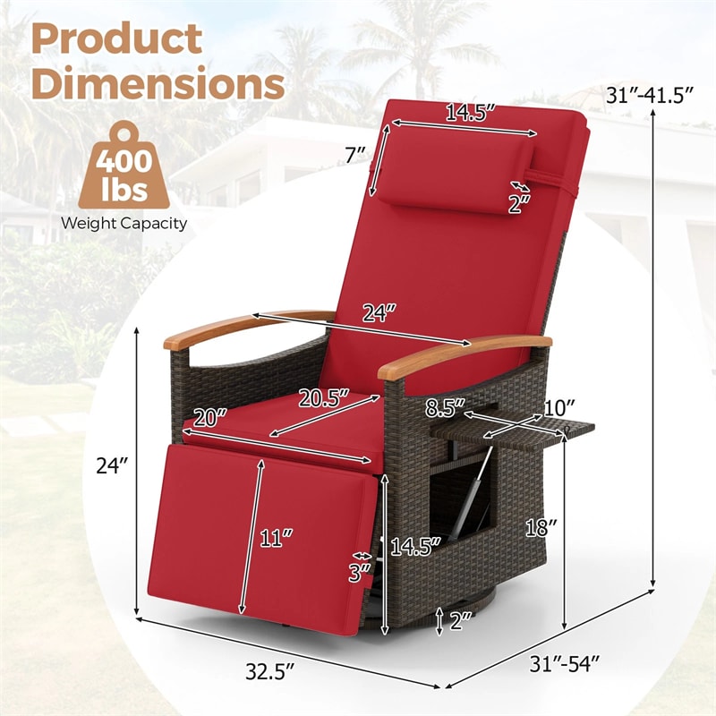 Outdoor 360° Swivel Rattan Recliner Chair, Patio Wicker Chaise Lounge Chair with Adjustable Backrest & Footrest, Flip Side Table & Cushions