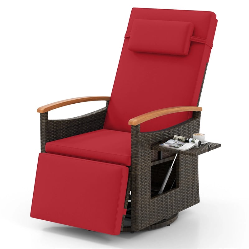 Outdoor 360° Swivel Rattan Recliner Chair, Patio Wicker Chaise Lounge Chair with Adjustable Backrest & Footrest, Flip Side Table & Cushions