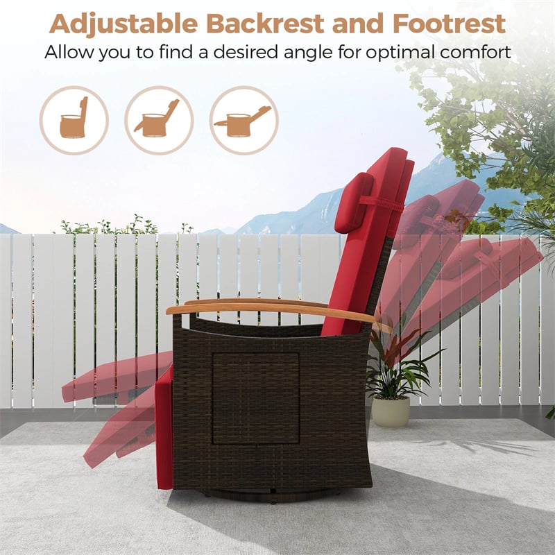 Outdoor 360° Swivel Rattan Recliner Chair, Patio Wicker Chaise Lounge Chair with Adjustable Backrest & Footrest, Flip Side Table & Cushions