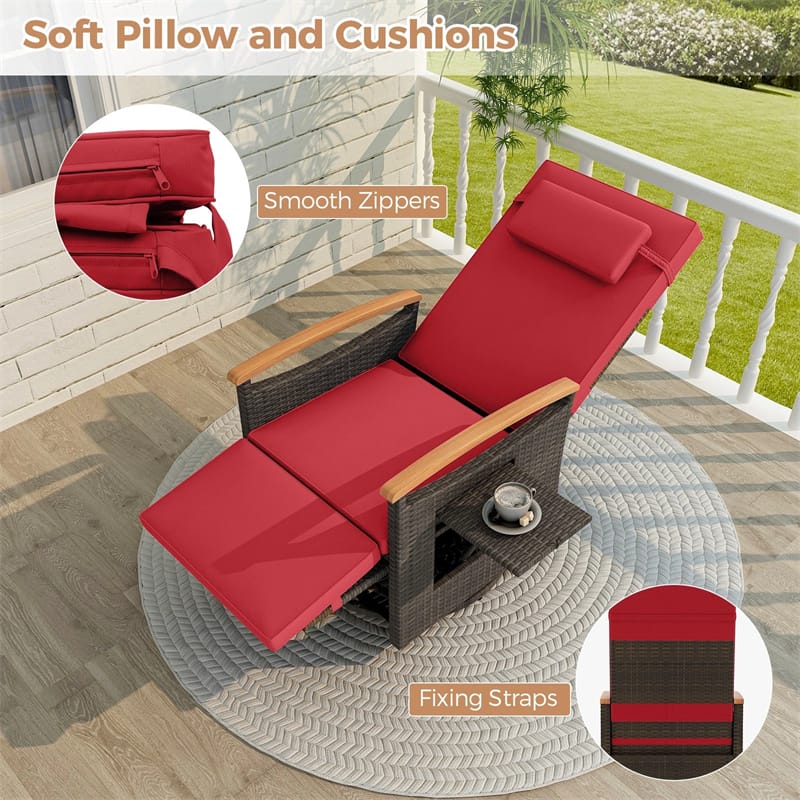 Outdoor 360° Swivel Rattan Recliner Chair, Patio Wicker Chaise Lounge Chair with Adjustable Backrest & Footrest, Flip Side Table & Cushions