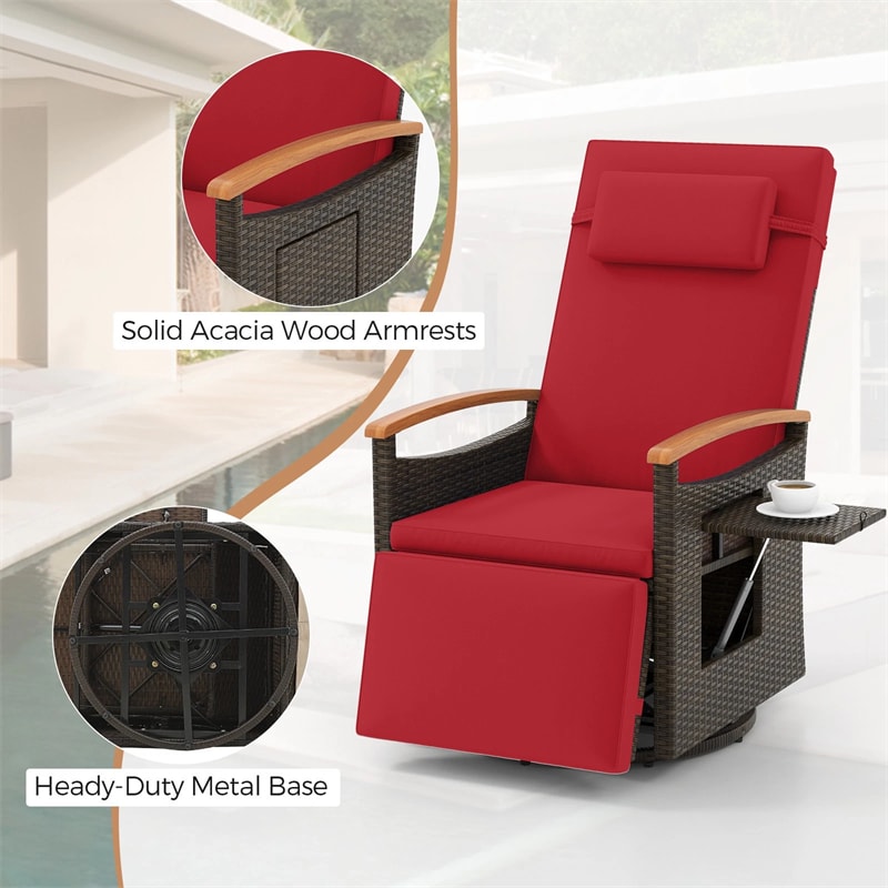 Outdoor 360° Swivel Rattan Recliner Chair, Patio Wicker Chaise Lounge Chair with Adjustable Backrest & Footrest, Flip Side Table & Cushions