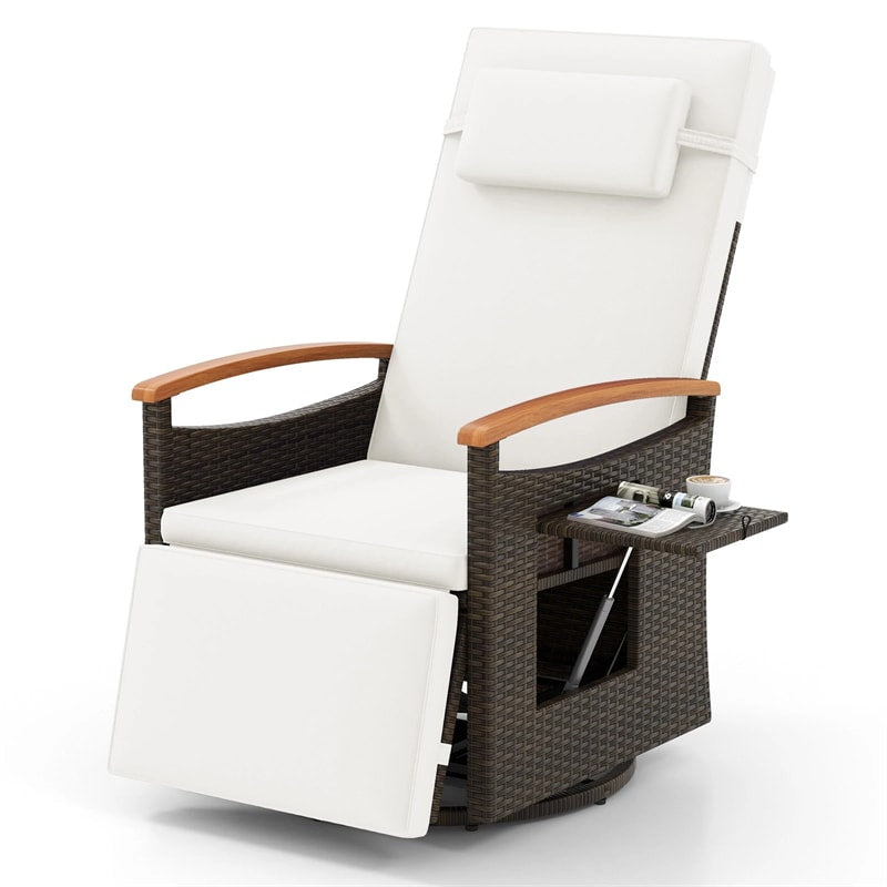Outdoor 360° Swivel Rattan Recliner Chair, Patio Wicker Chaise Lounge Chair with Adjustable Backrest & Footrest, Flip Side Table & Cushions