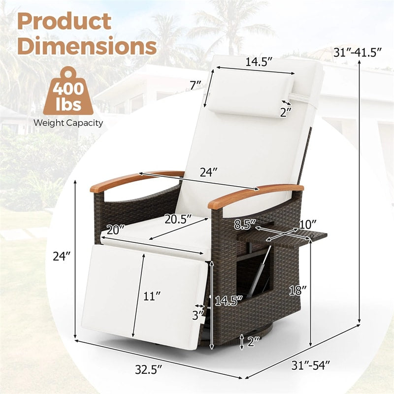 Outdoor 360° Swivel Rattan Recliner Chair, Patio Wicker Chaise Lounge Chair with Adjustable Backrest & Footrest, Flip Side Table & Cushions