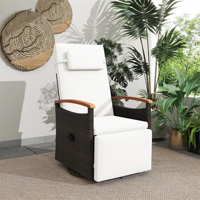 Outdoor 360° Swivel Rattan Recliner Chair, Patio Wicker Chaise Lounge Chair with Adjustable Backrest & Footrest, Flip Side Table & Cushions