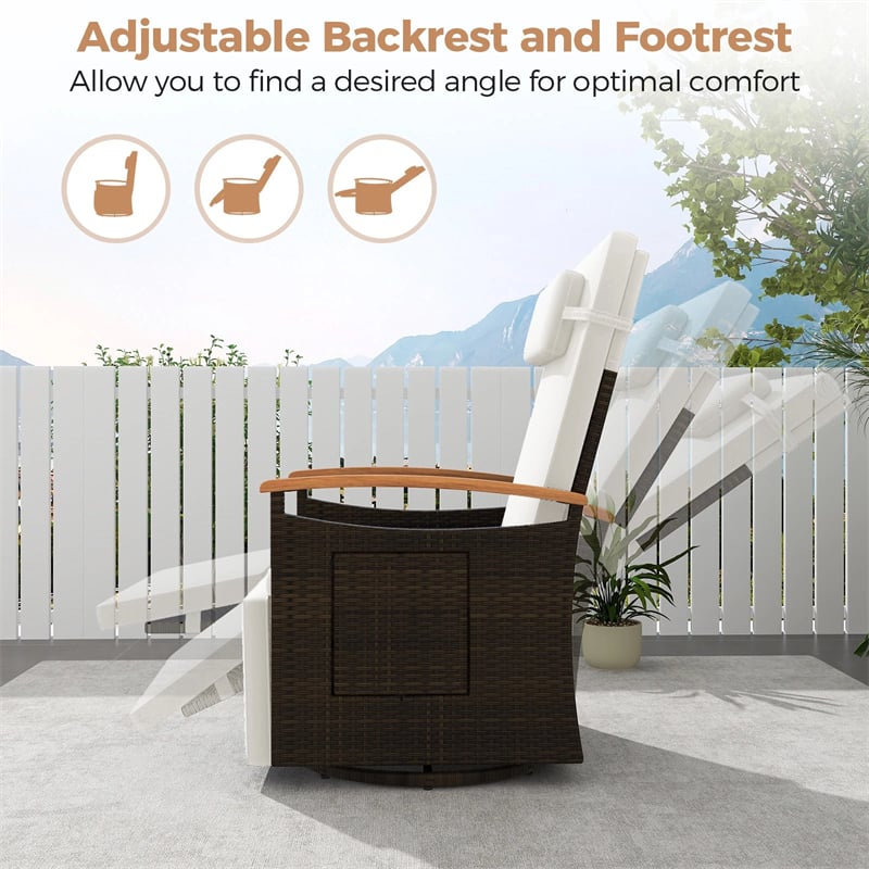 Outdoor 360° Swivel Rattan Recliner Chair, Patio Wicker Chaise Lounge Chair with Adjustable Backrest & Footrest, Flip Side Table & Cushions