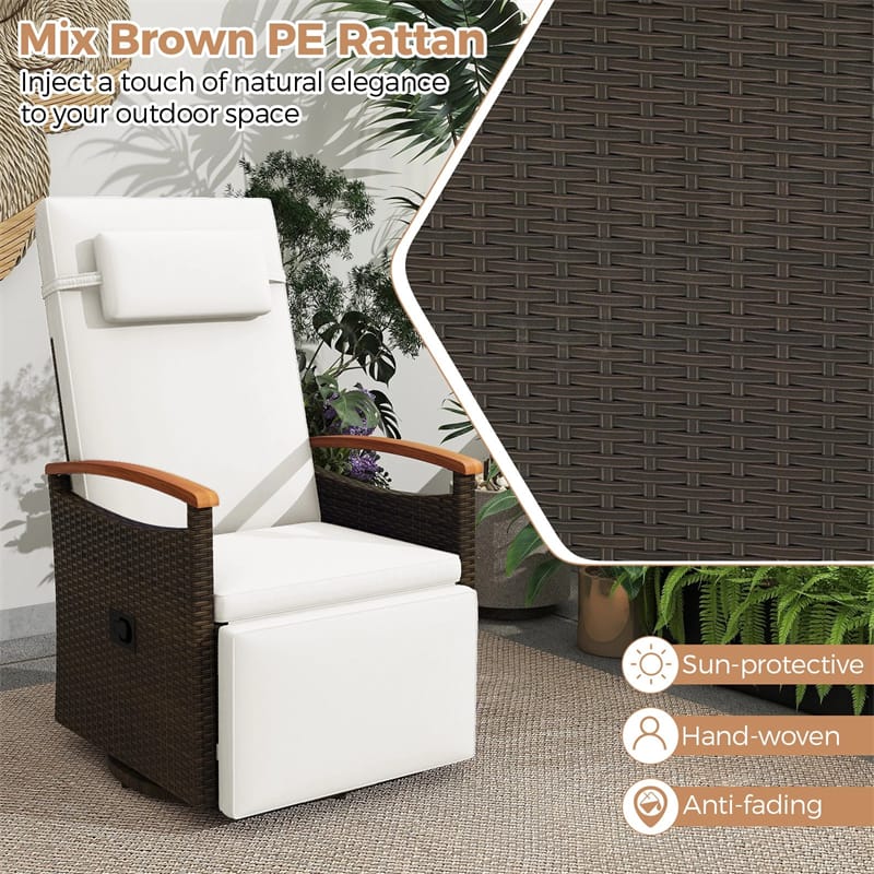 Outdoor 360° Swivel Rattan Recliner Chair, Patio Wicker Chaise Lounge Chair with Adjustable Backrest & Footrest, Flip Side Table & Cushions
