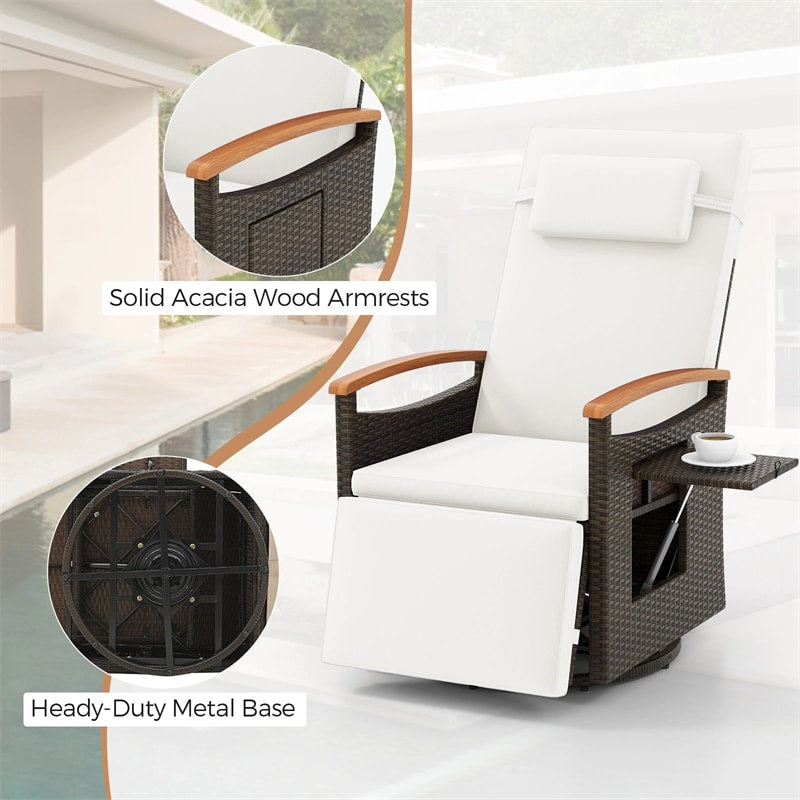 Outdoor 360° Swivel Rattan Recliner Chair, Patio Wicker Chaise Lounge Chair with Adjustable Backrest & Footrest, Flip Side Table & Cushions