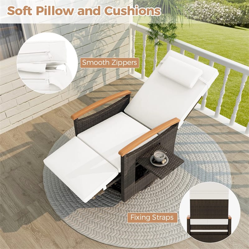 Outdoor 360° Swivel Rattan Recliner Chair, Patio Wicker Chaise Lounge Chair with Adjustable Backrest & Footrest, Flip Side Table & Cushions