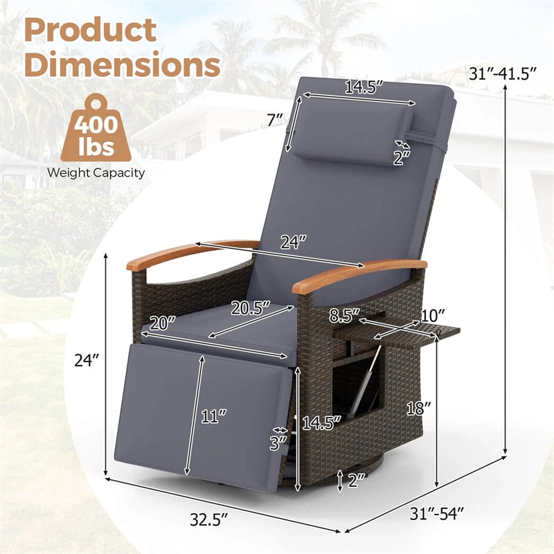 Outdoor 360° Swivel Rattan Recliner Chair, Patio Wicker Chaise Lounge Chair with Adjustable Backrest & Footrest, Flip Side Table & Cushions