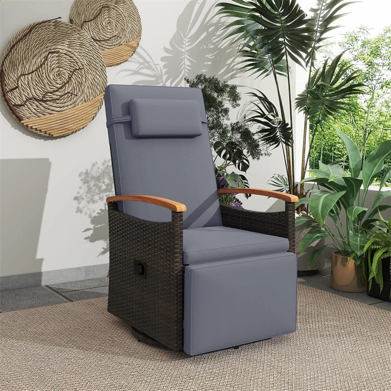 Outdoor 360° Swivel Rattan Recliner Chair, Patio Wicker Chaise Lounge Chair with Adjustable Backrest & Footrest, Flip Side Table & Cushions