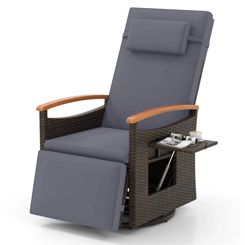 Outdoor 360° Swivel Rattan Recliner Chair, Patio Wicker Chaise Lounge Chair with Adjustable Backrest & Footrest, Flip Side Table & Cushions